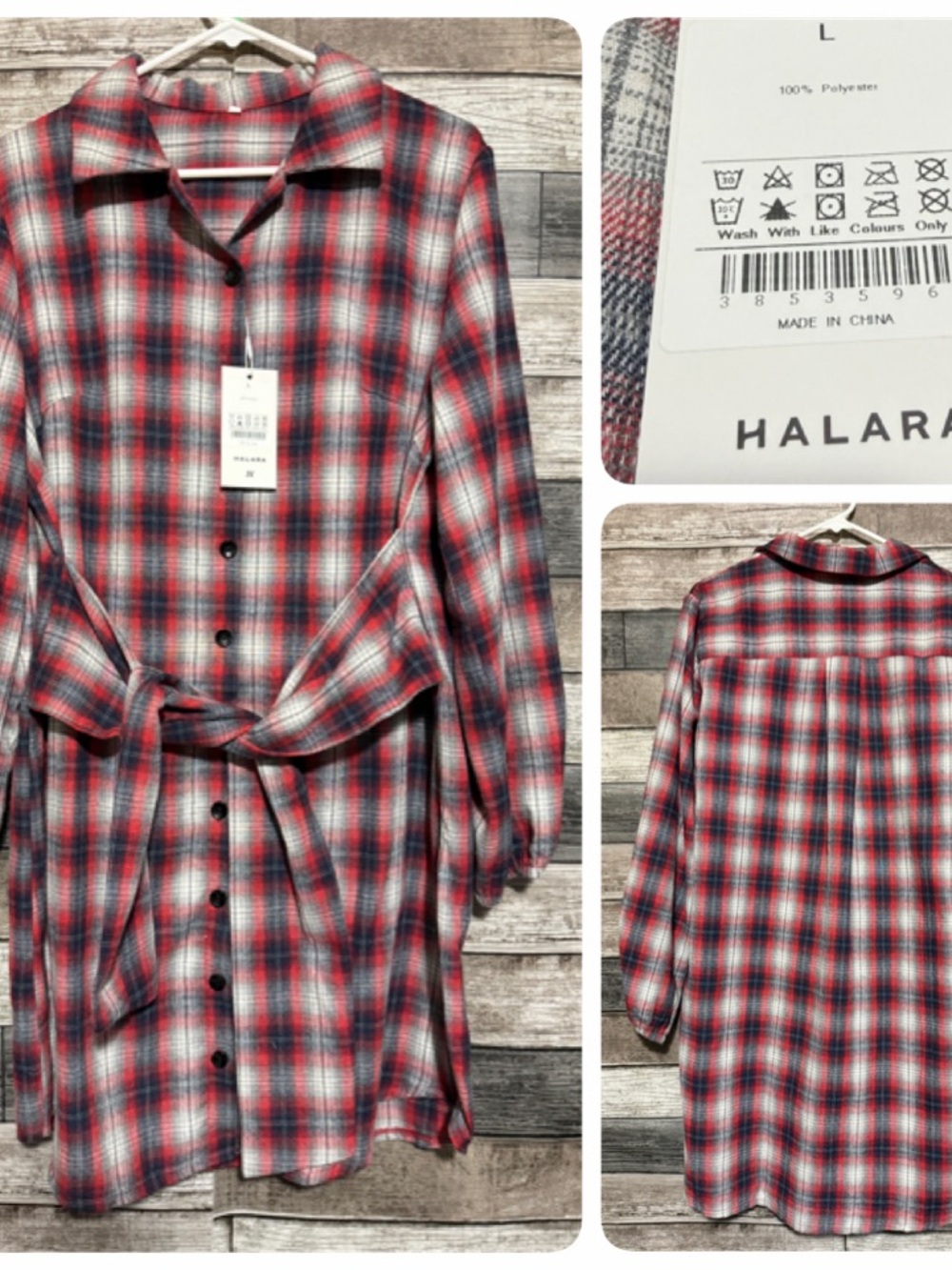 Halara Flannel Shirt Dress Women’s L Red Blue Plaid Tied Front Casual